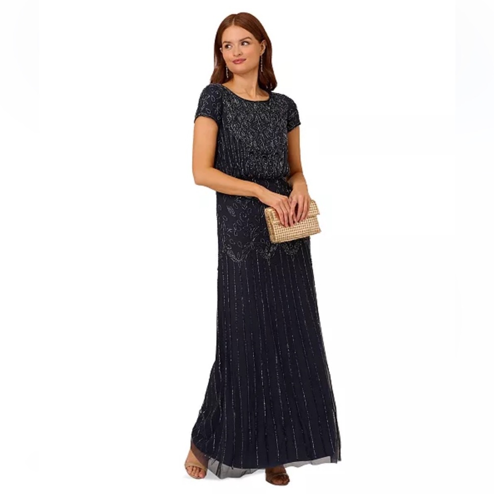 Adrianna Papell Navy Beaded Maxi Dress